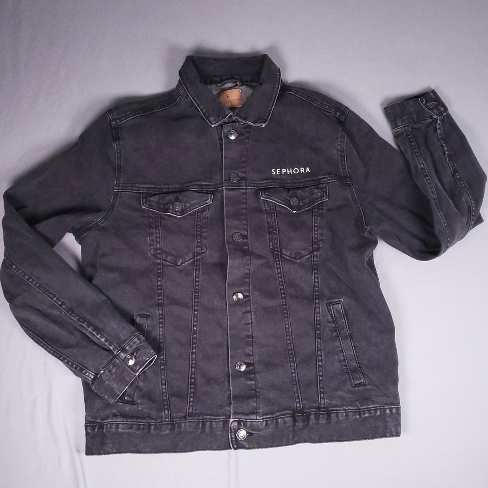 Sephora Denim Jacket Mens Large Black Washed Trucker Adjustable Waist Faded